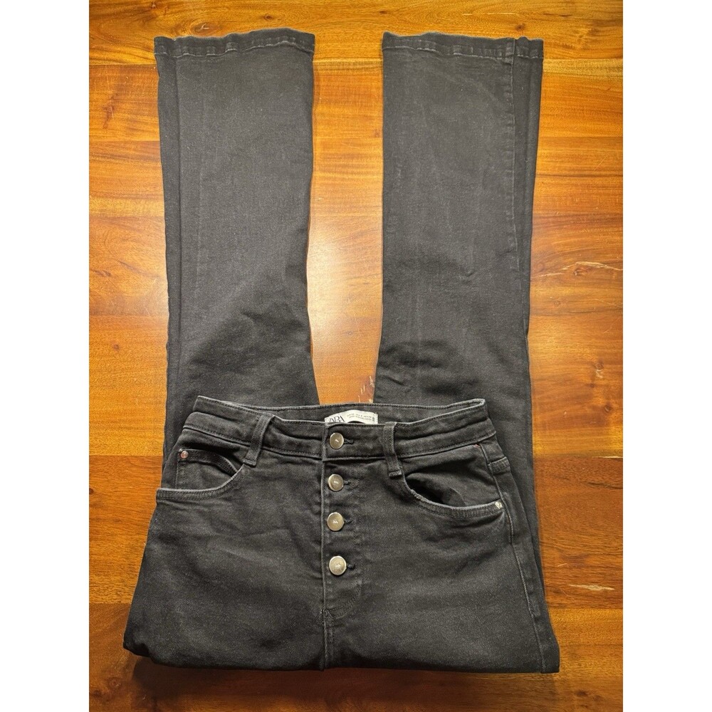 Zara High Rise Button Fly Flare Jeans Black Denim Womens Size 6 Tall Long